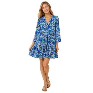 Lilly Pulitzer Dress Womens XS Blue Floral Tiered Cotton Jersey Long Sleeve Mini